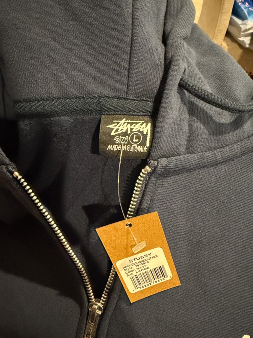 NWT Stussy Honolulu Navy with White Script Large Zip Hoodie - Picture 4 of 6